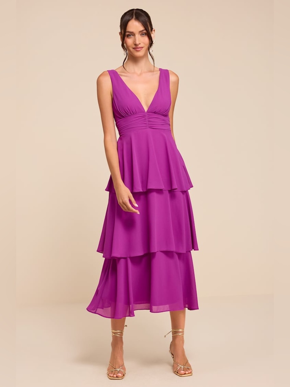 Lulus Celebration Time Purple Sleeveless Tiered Midi Dress purple small